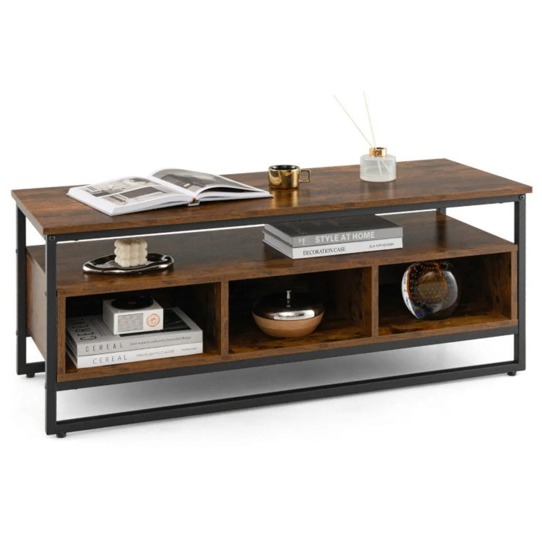 3-Tier Industrial Style Coffee Table with Open Shelf and 3 Storage Cubbies