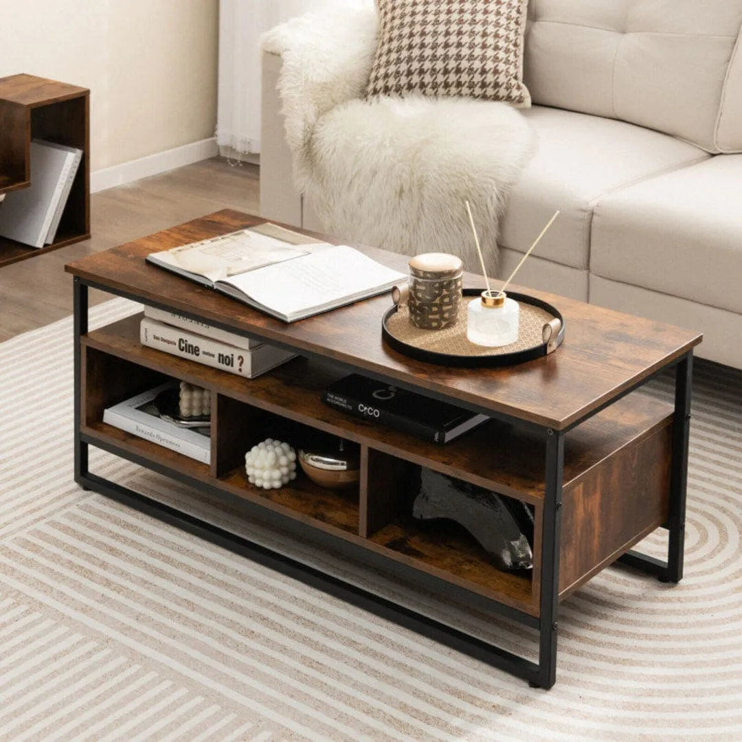 3-Tier Industrial Style Coffee Table with Open Shelf and 3 Storage Cubbies