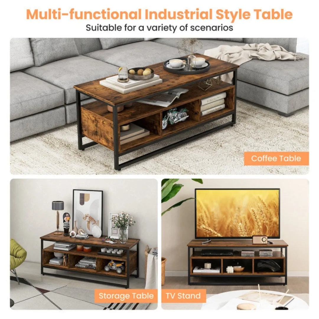 3-Tier Industrial Style Coffee Table with Open Shelf and 3 Storage Cubbies