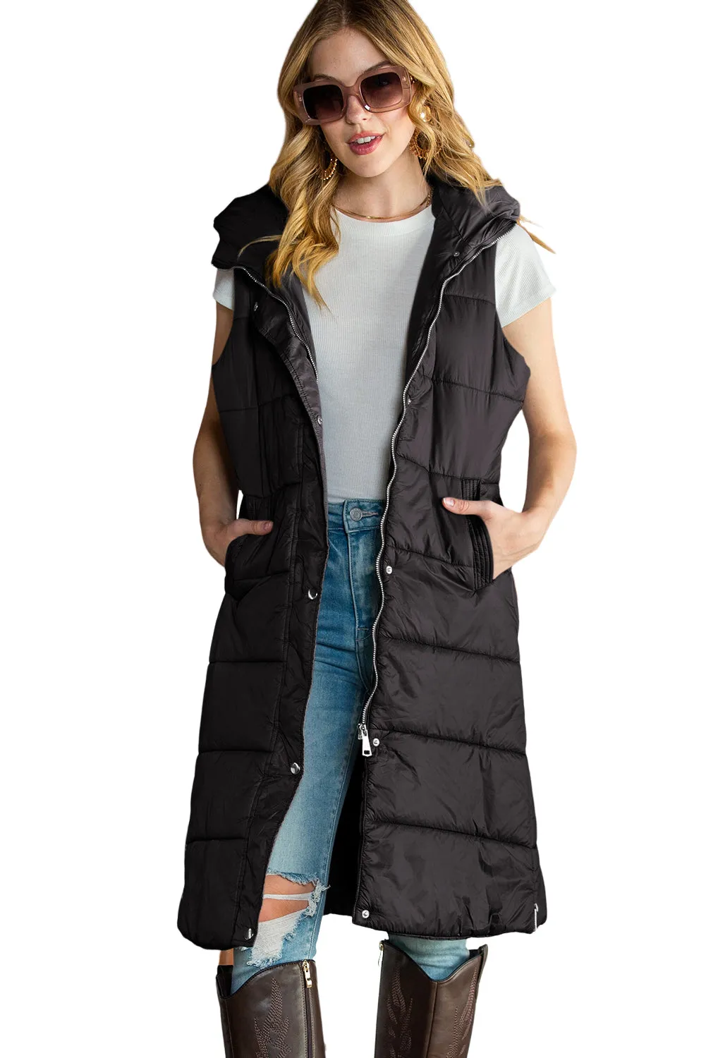 Black Hooded Pocketed Quilted Long Vest Coat