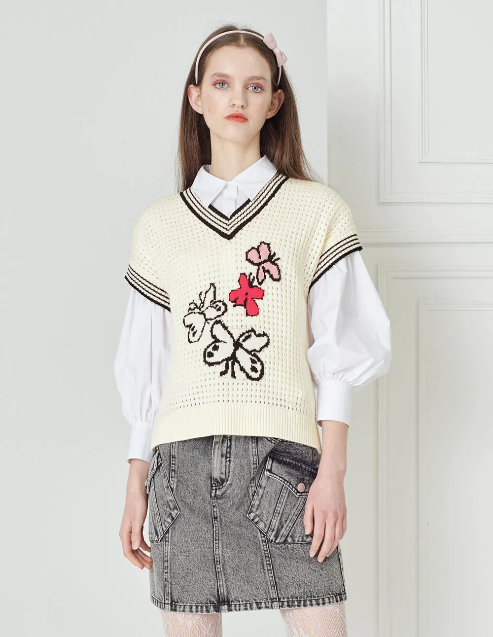 BORA AKSU V-Neck Butterfly Print Wool Sweater