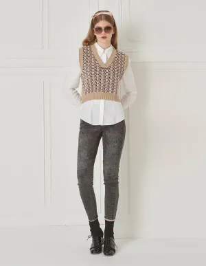 BORA AKSU V-Neck Jacquard Wool Knit Short Vest