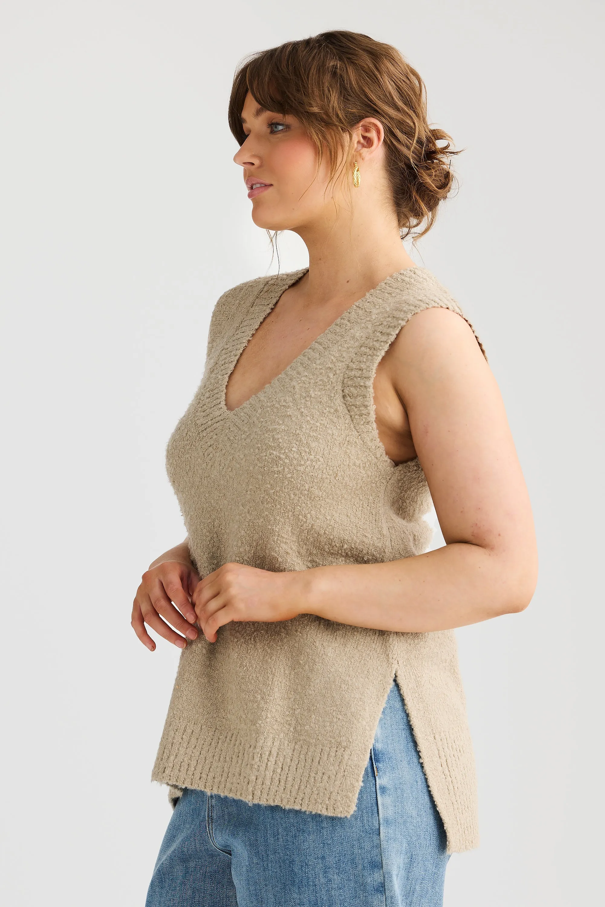 Boucle V-Neck Vest - Stone