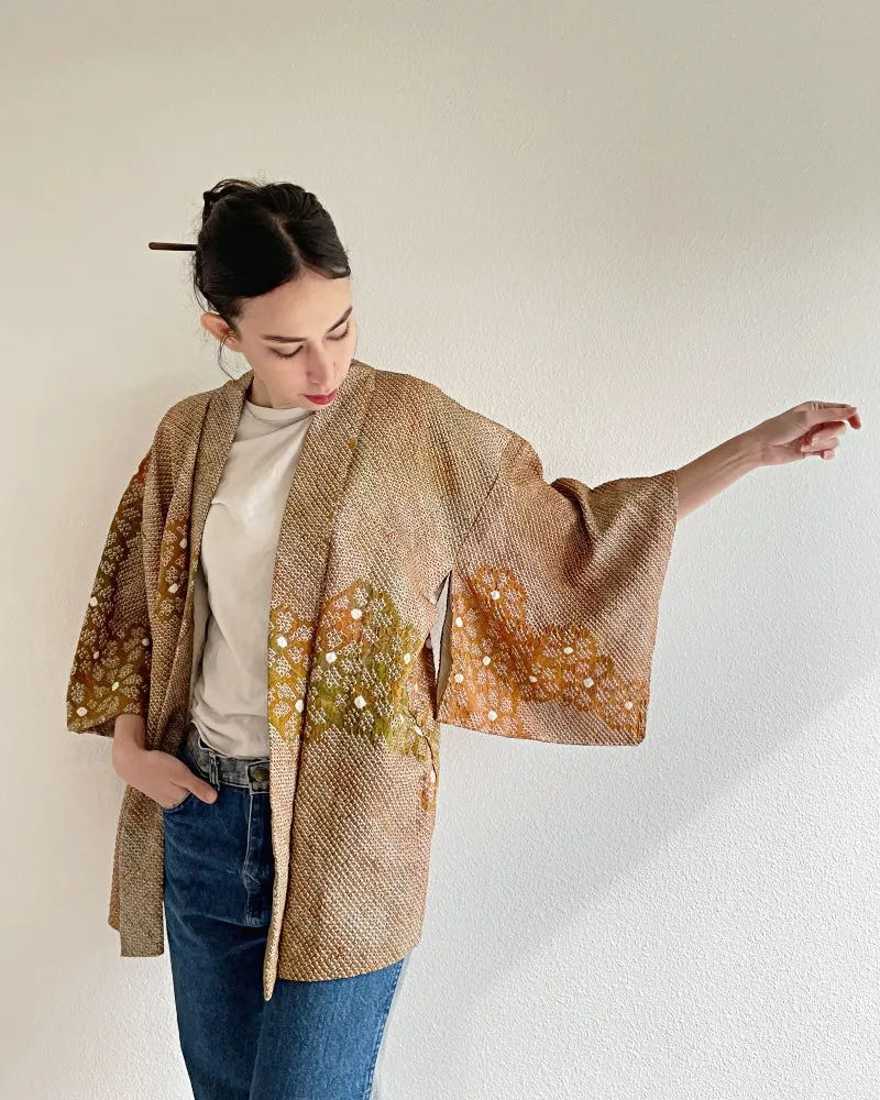 Bronze Orange Shibori Haori Kimono Jacket