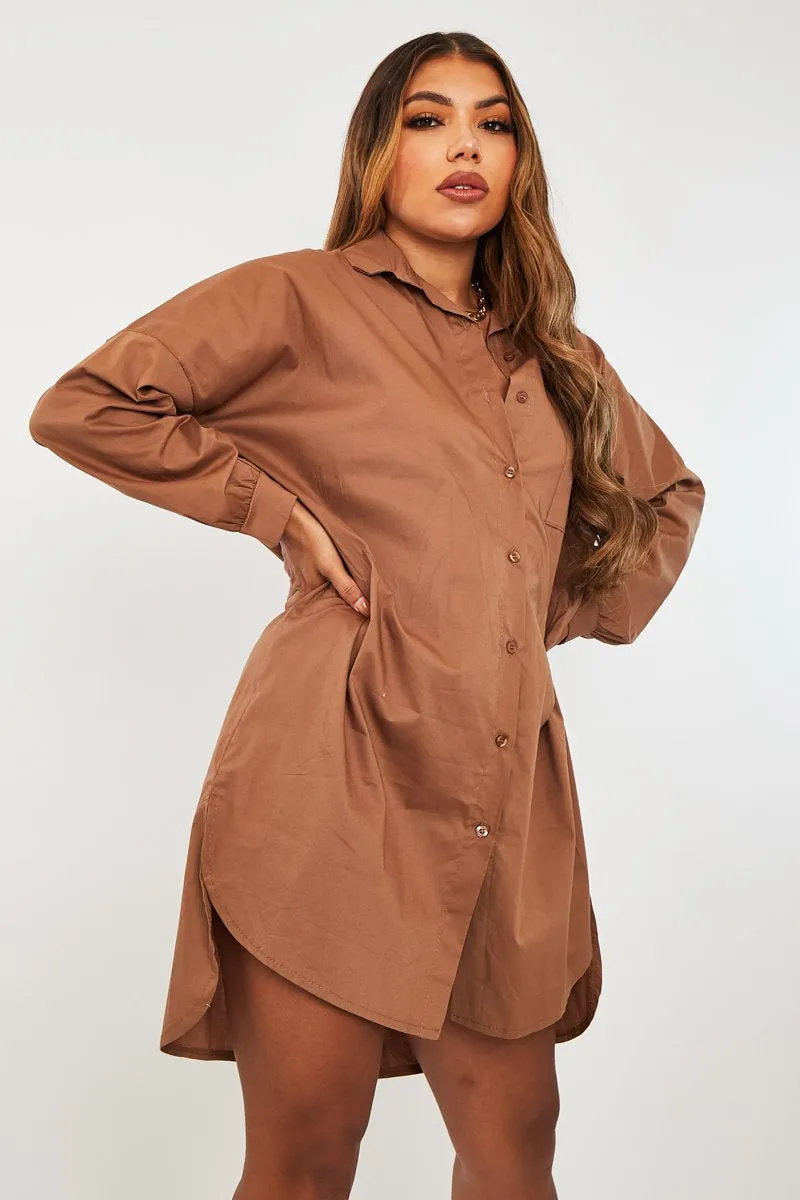 Brown Dipped Hem Oversized Shirt Dress - Nicola