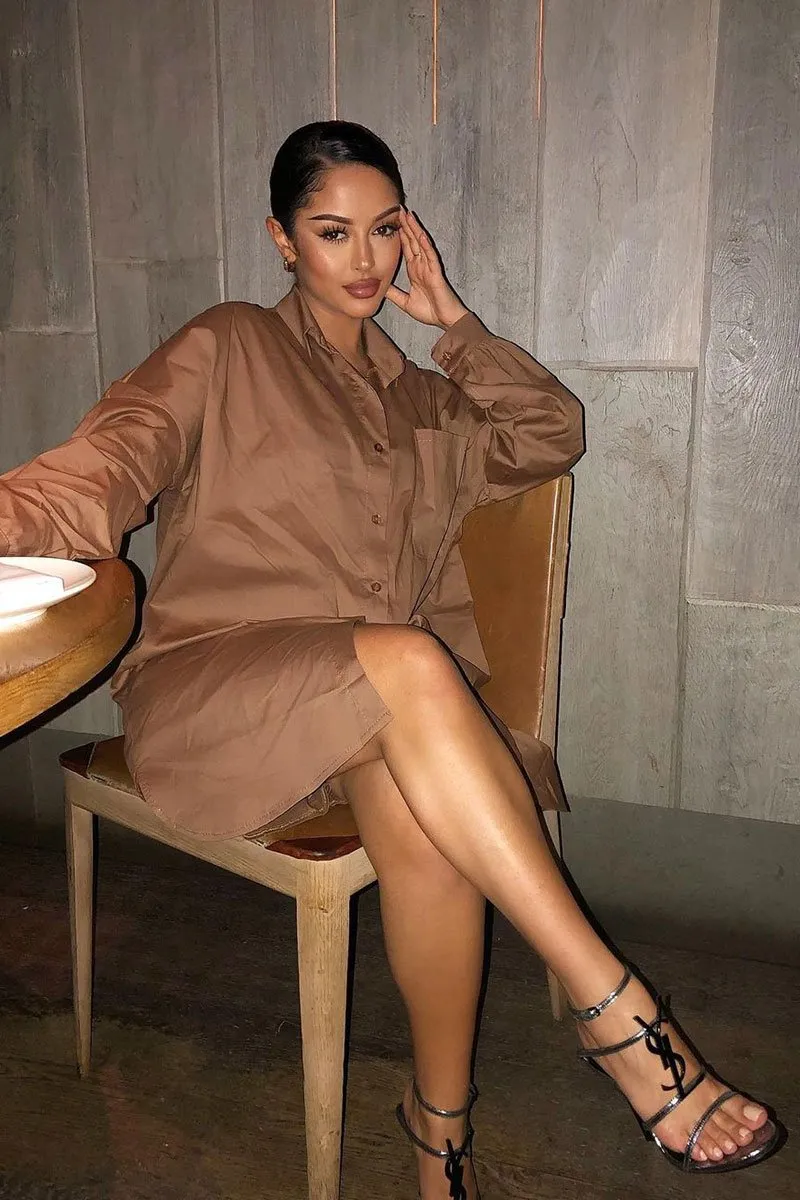 Brown Dipped Hem Oversized Shirt Dress - Nicola