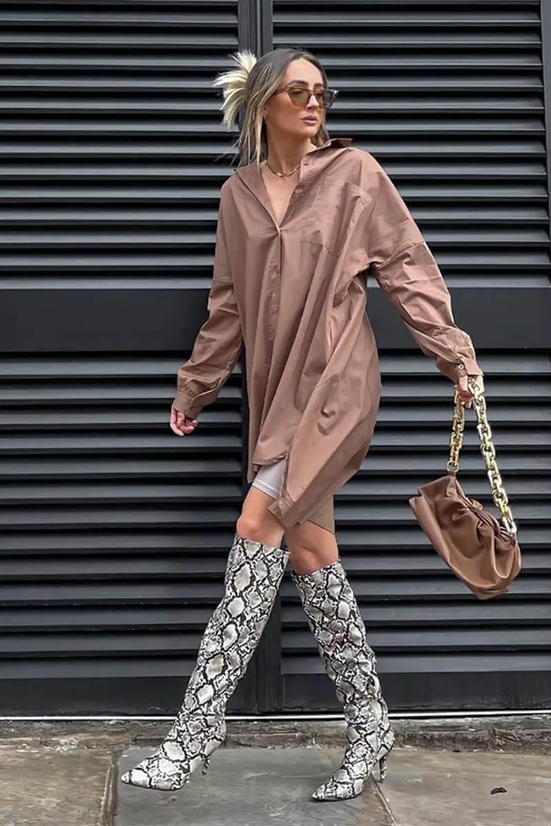 Brown Dipped Hem Oversized Shirt Dress - Nicola