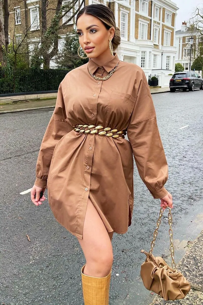 Brown Dipped Hem Oversized Shirt Dress - Nicola