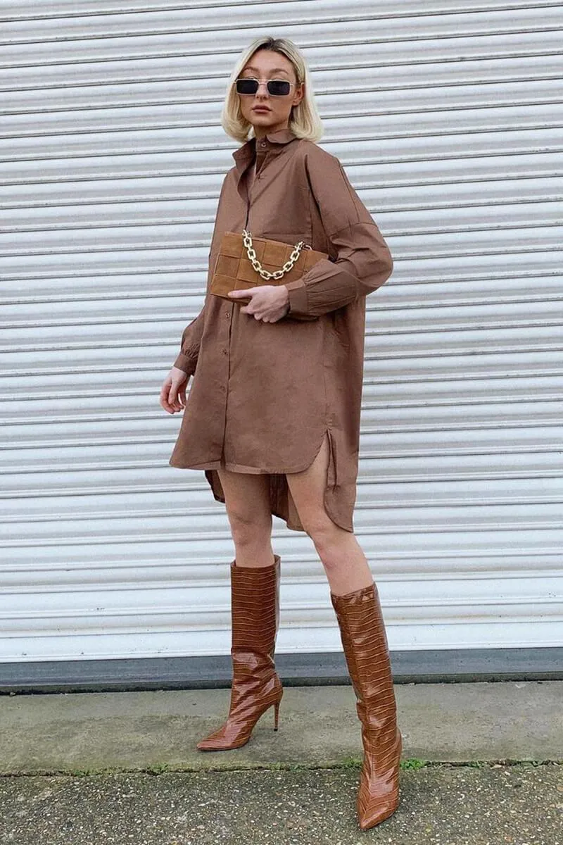 Brown Dipped Hem Oversized Shirt Dress - Nicola