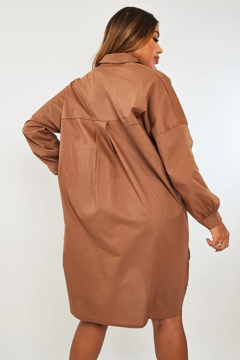 Brown Dipped Hem Oversized Shirt Dress - Nicola