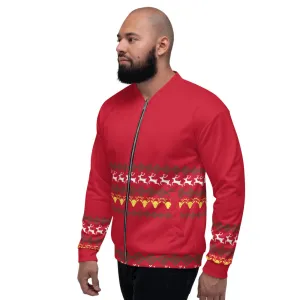 Christmas Red Unisex Bomber Jacket, Modern Premium Reindeer Fleece Jacket-Made in EU