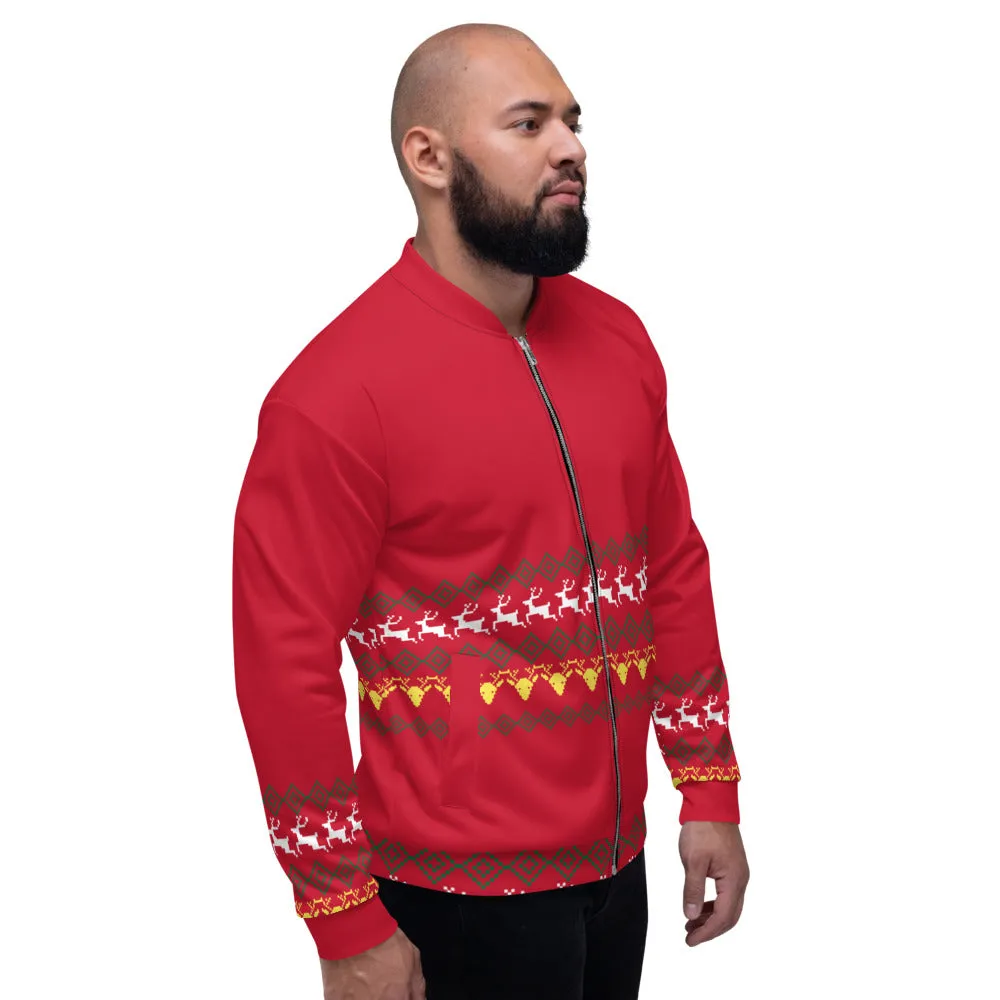 Christmas Red Unisex Bomber Jacket, Modern Premium Reindeer Fleece Jacket-Made in EU