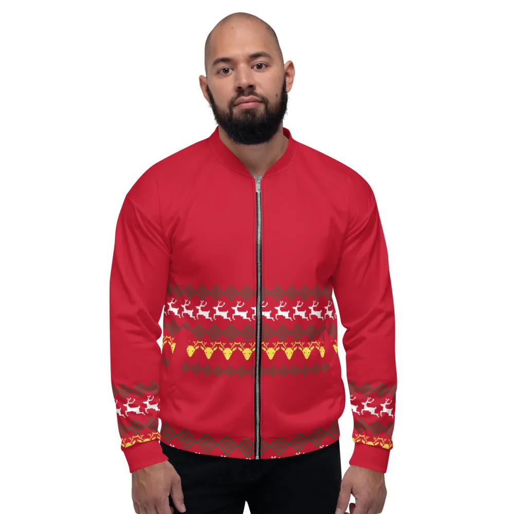 Christmas Red Unisex Bomber Jacket, Modern Premium Reindeer Fleece Jacket-Made in EU