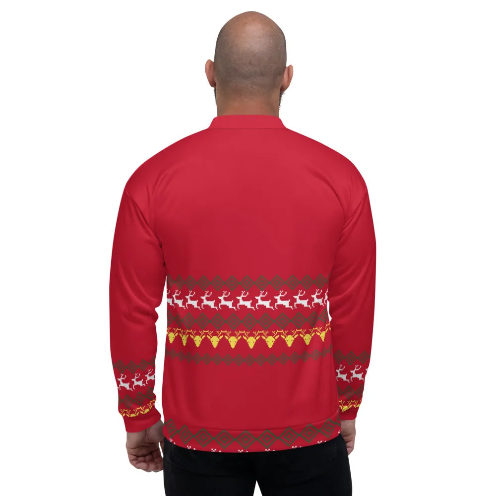 Christmas Red Unisex Bomber Jacket, Modern Premium Reindeer Fleece Jacket-Made in EU