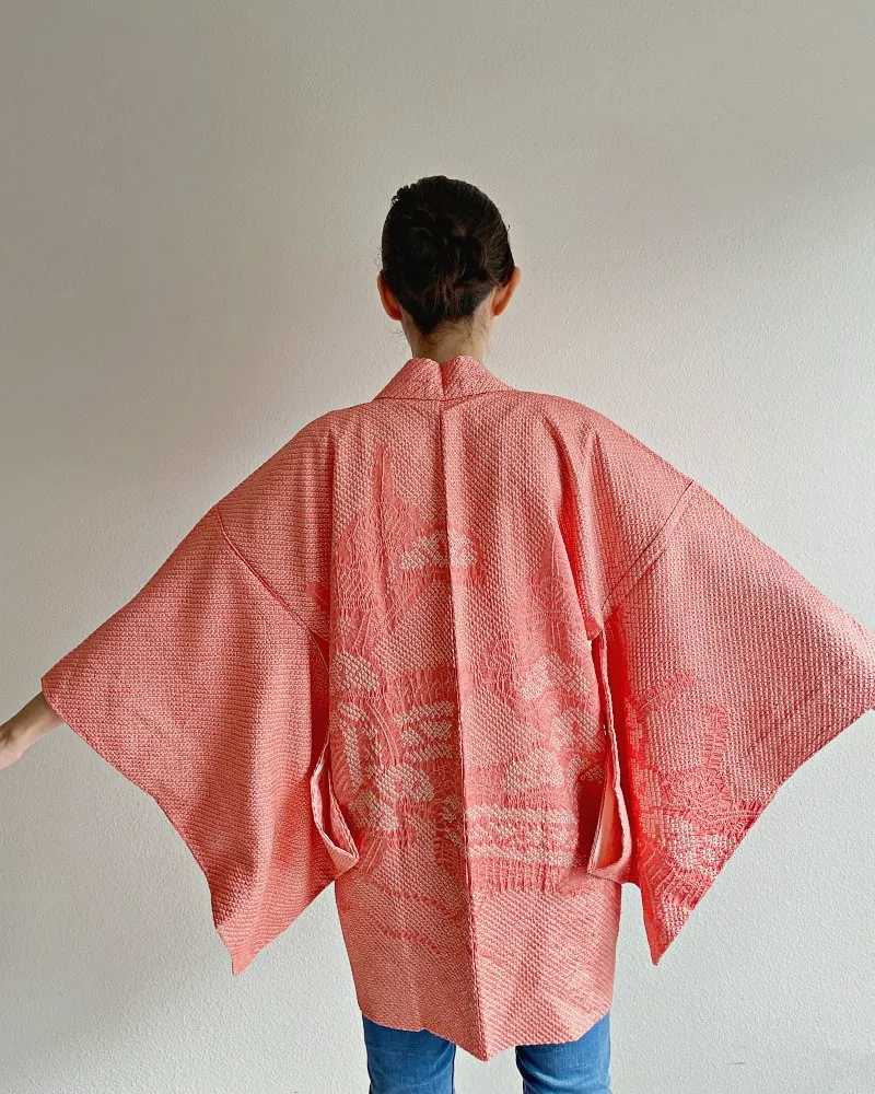 Coral Sunset Shibori Haori Kimono Jacket