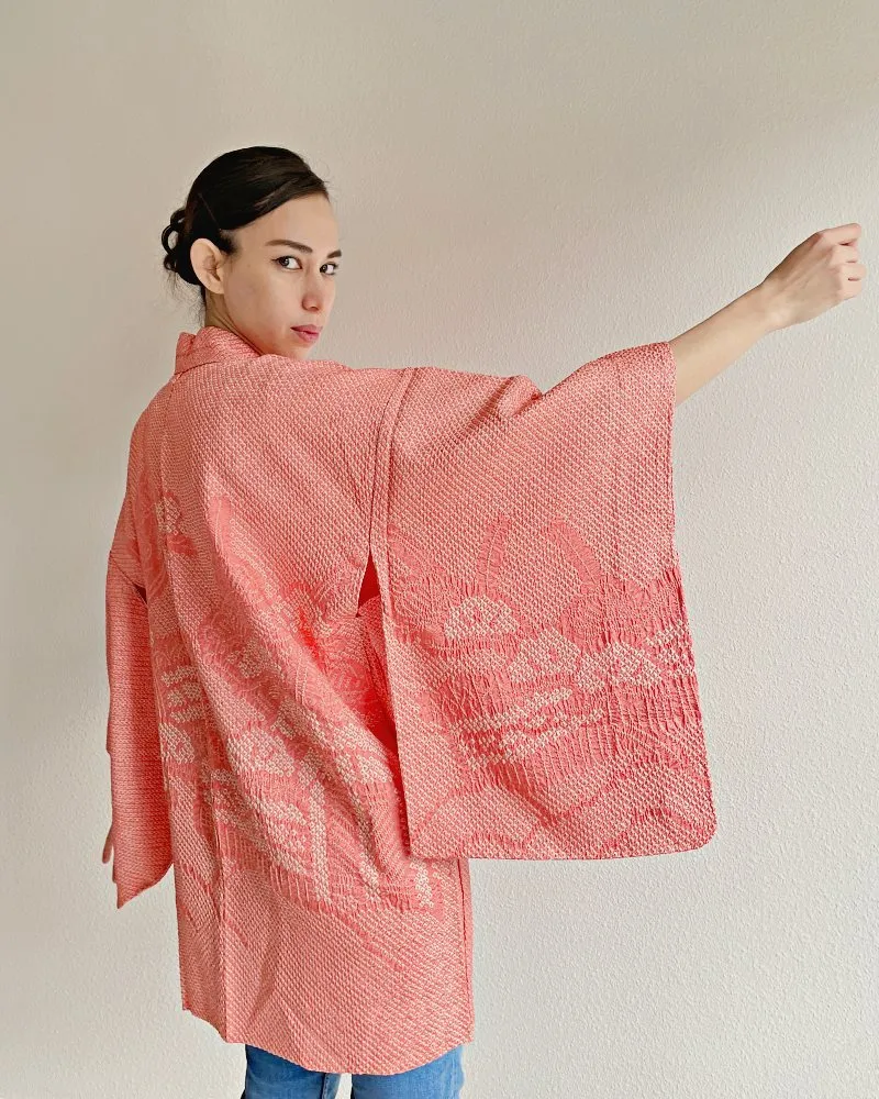 Coral Sunset Shibori Haori Kimono Jacket