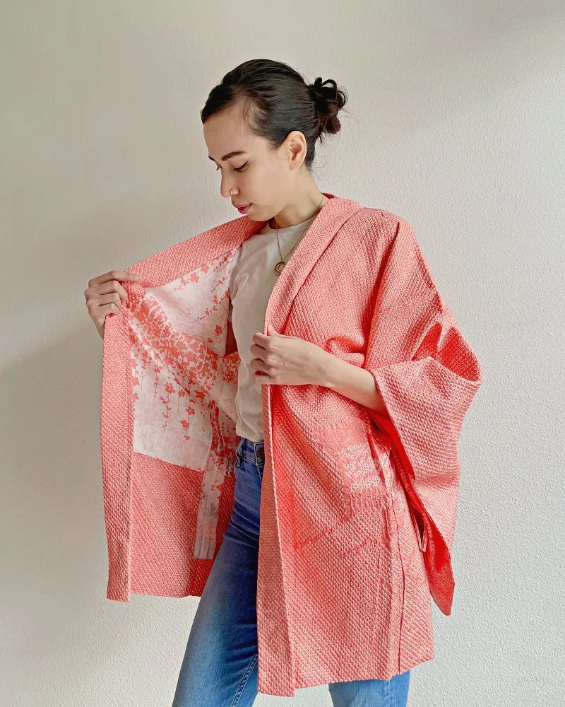 Coral Sunset Shibori Haori Kimono Jacket