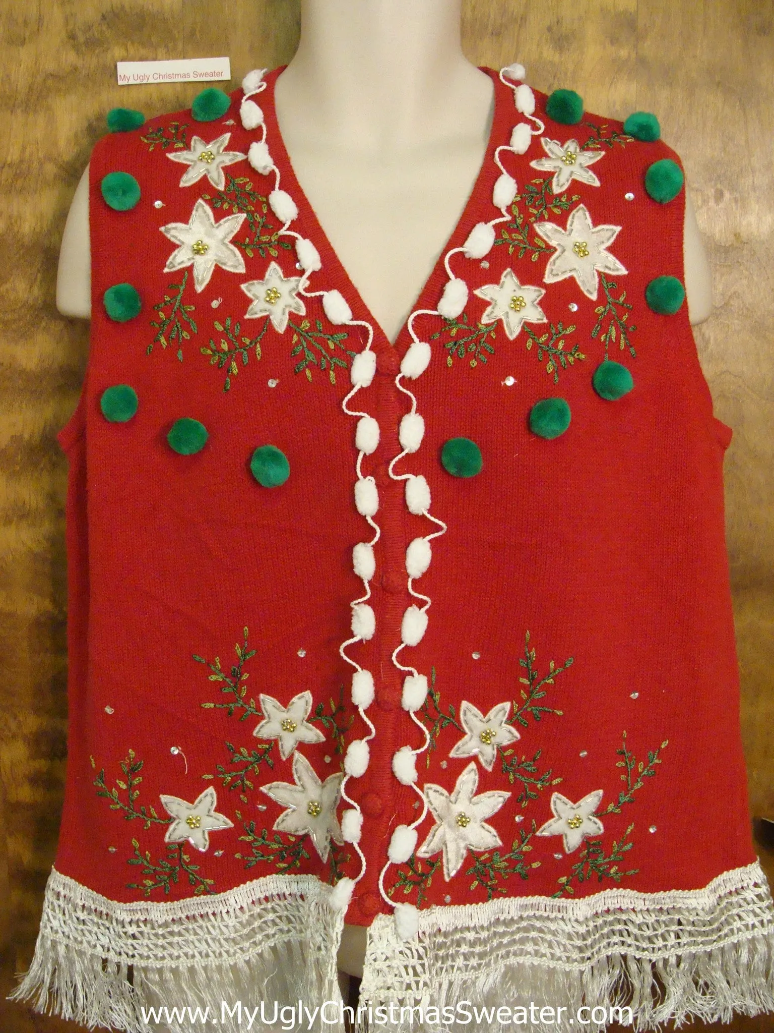 Corny Red Christmas Sweater Vest with White Poinsettias