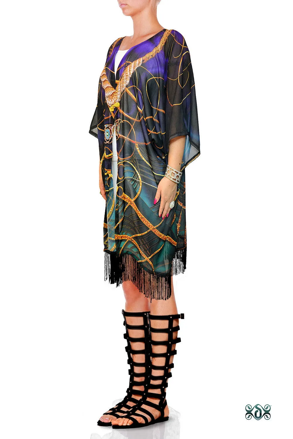 Devarshy AURUM 79 Dark Spirals Georgette Fringes Short Kimono Jacket - 1078A