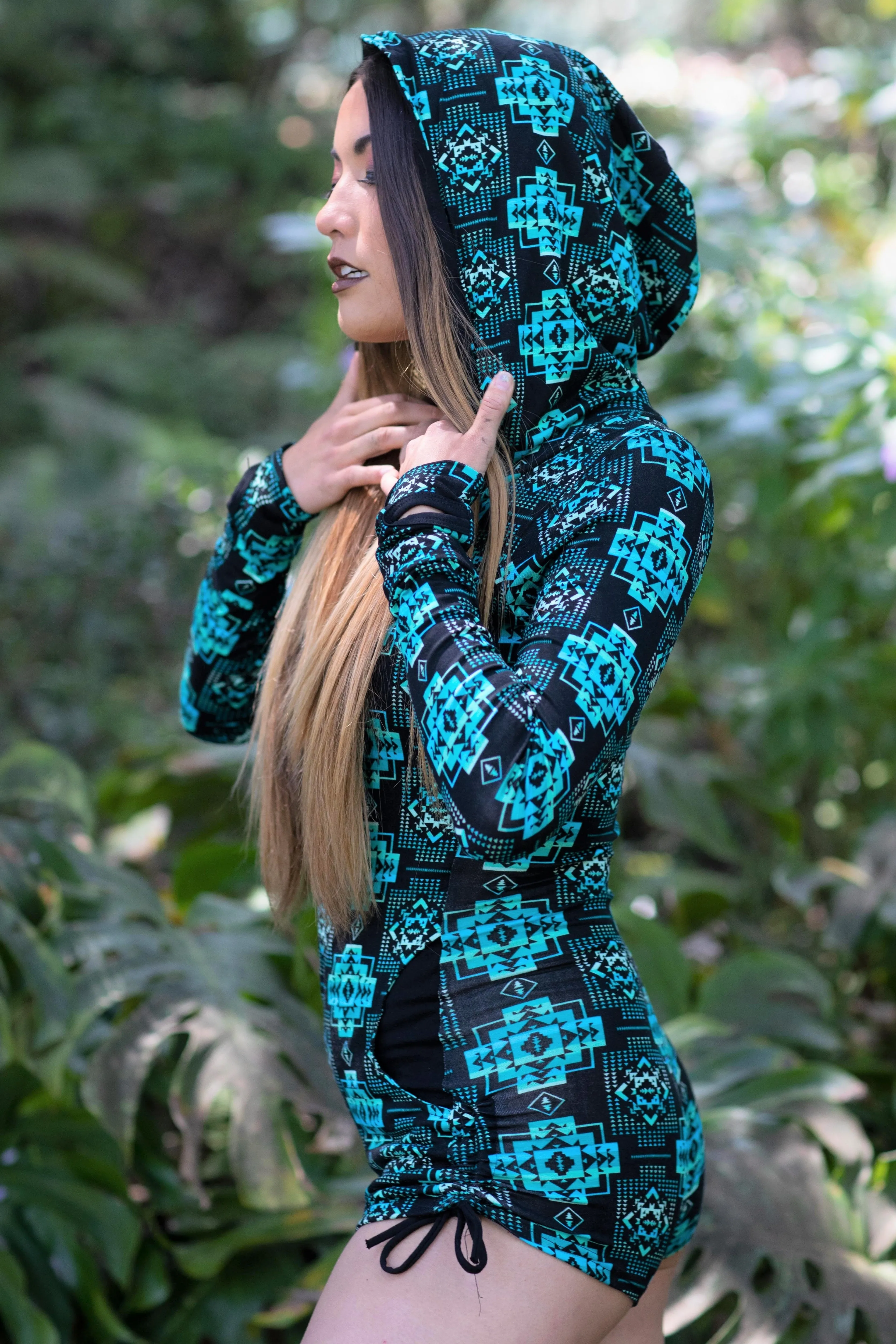 Gemini Hooded Romper - Black and Teal Aztec Print