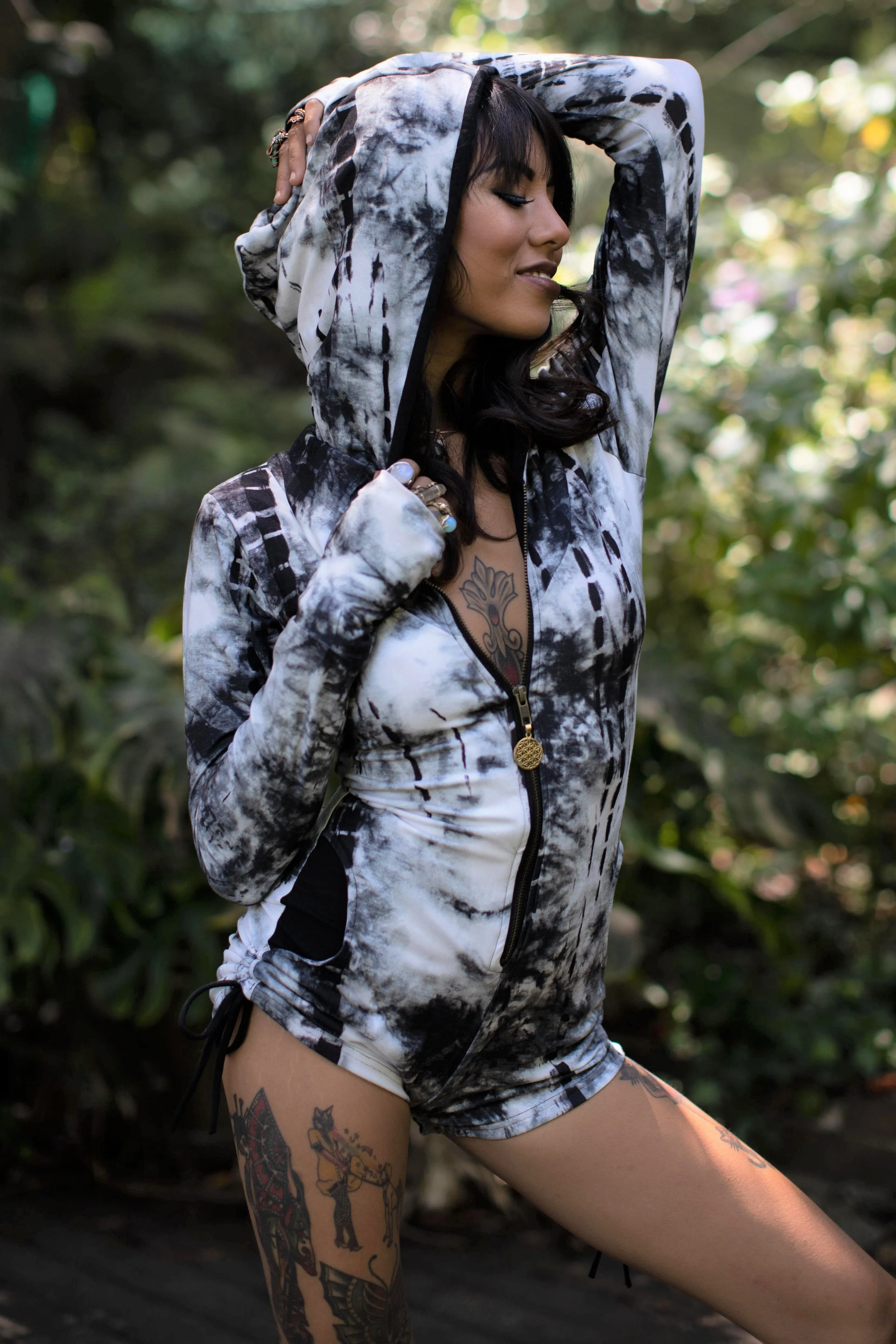 Gemini Hooded Romper - Black and White Tie Dye