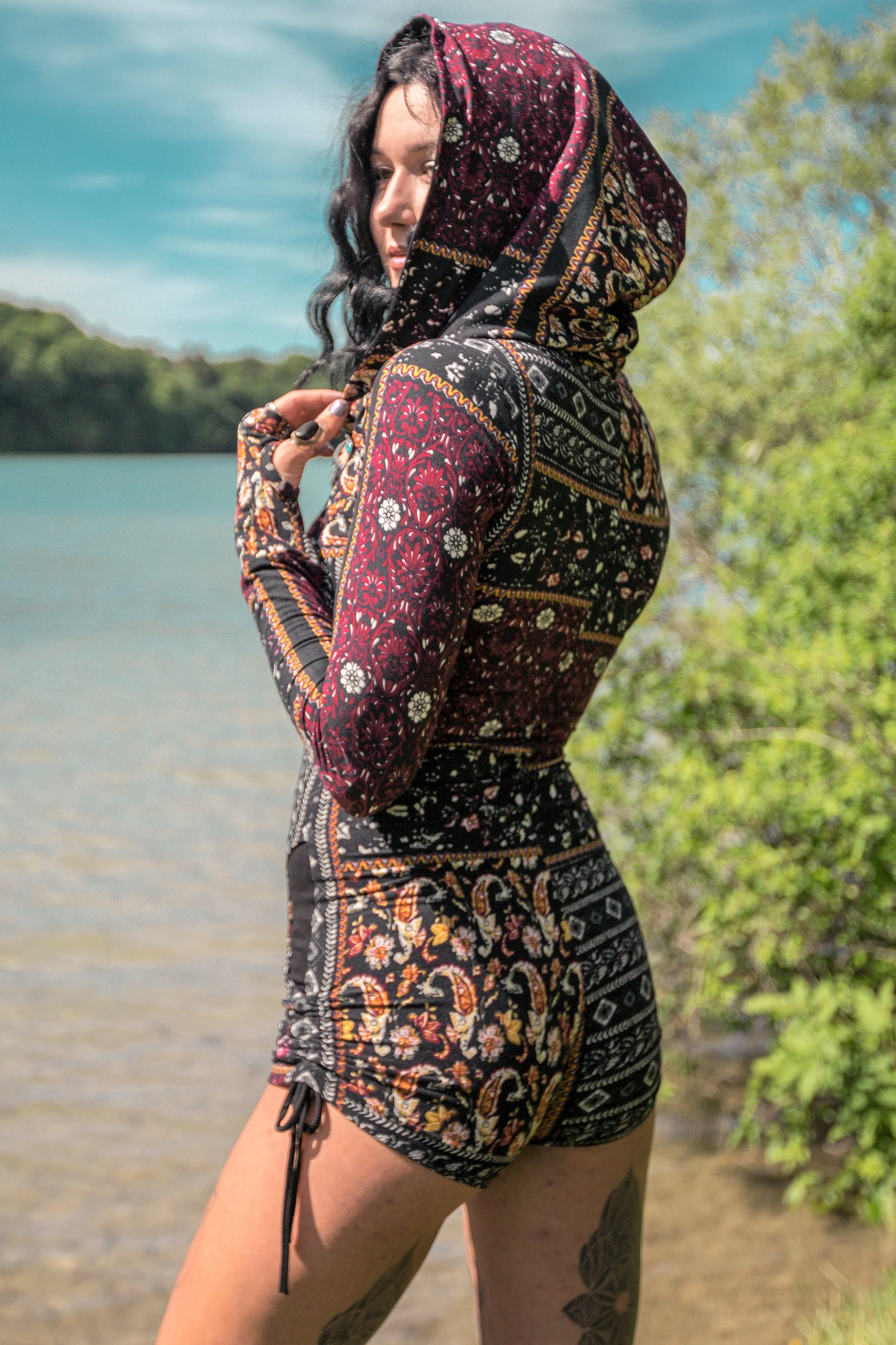 Gemini Hooded Romper - Maroon and Black Floral Pattern