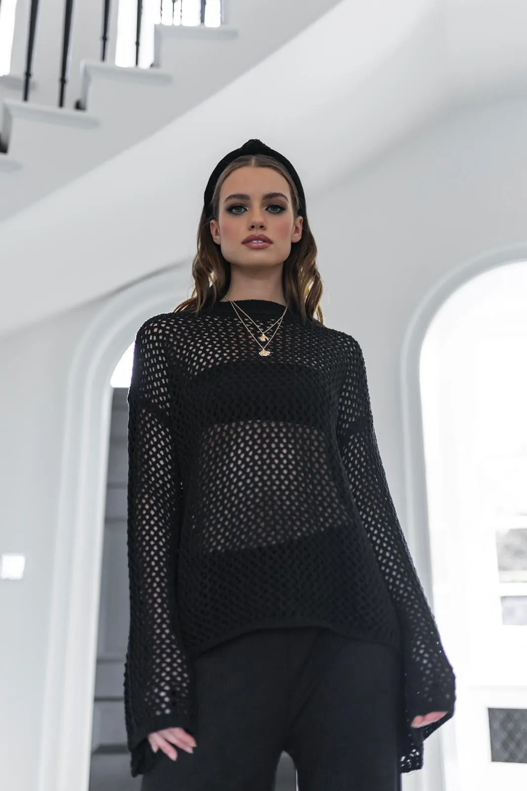 'GRACE' Crochet Style Jumper with Bell Sleeve Black - CTJ015