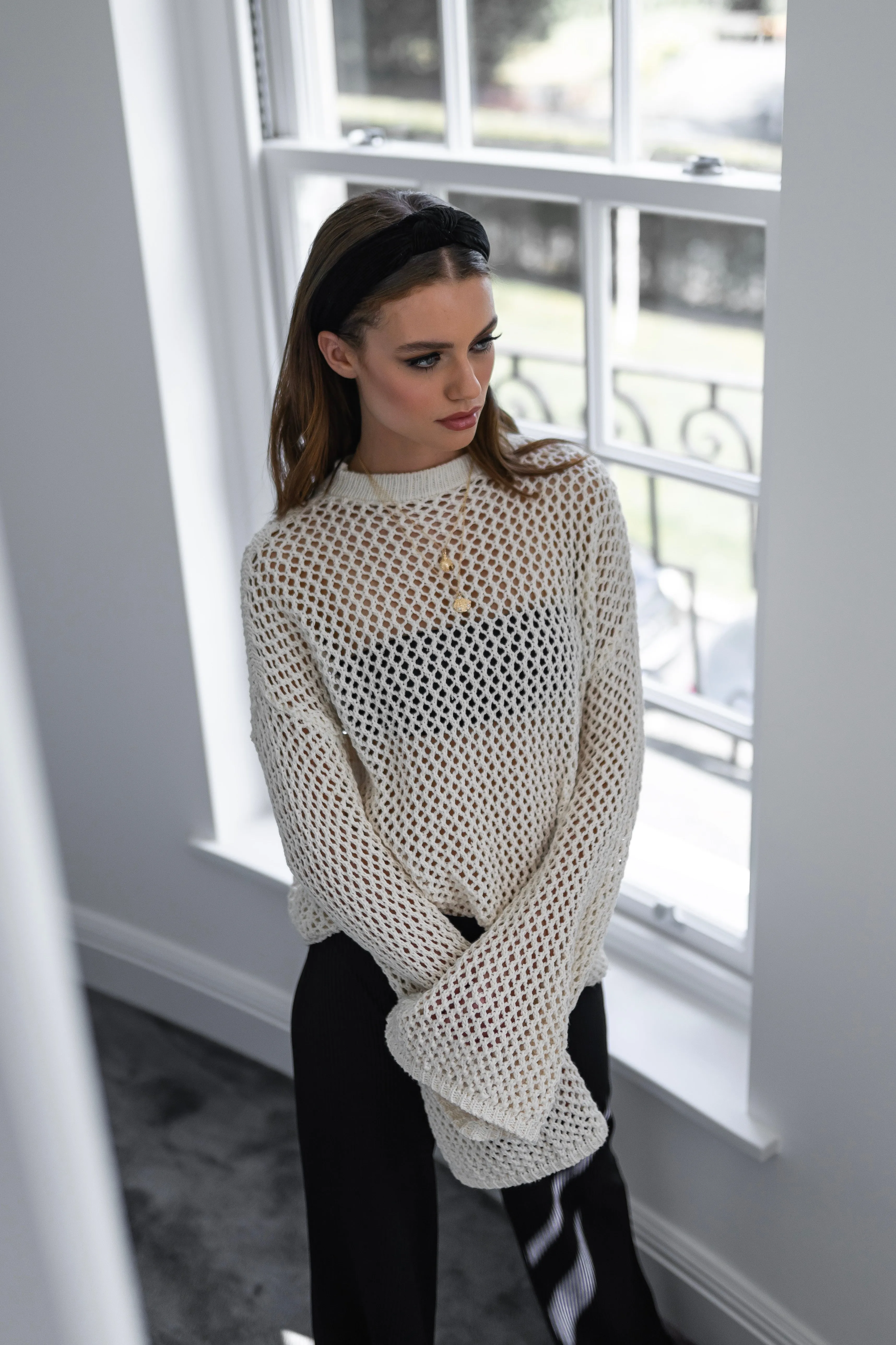 'GRACE' Crochet Style Jumper with Bell Sleeve Cream - CTJ016