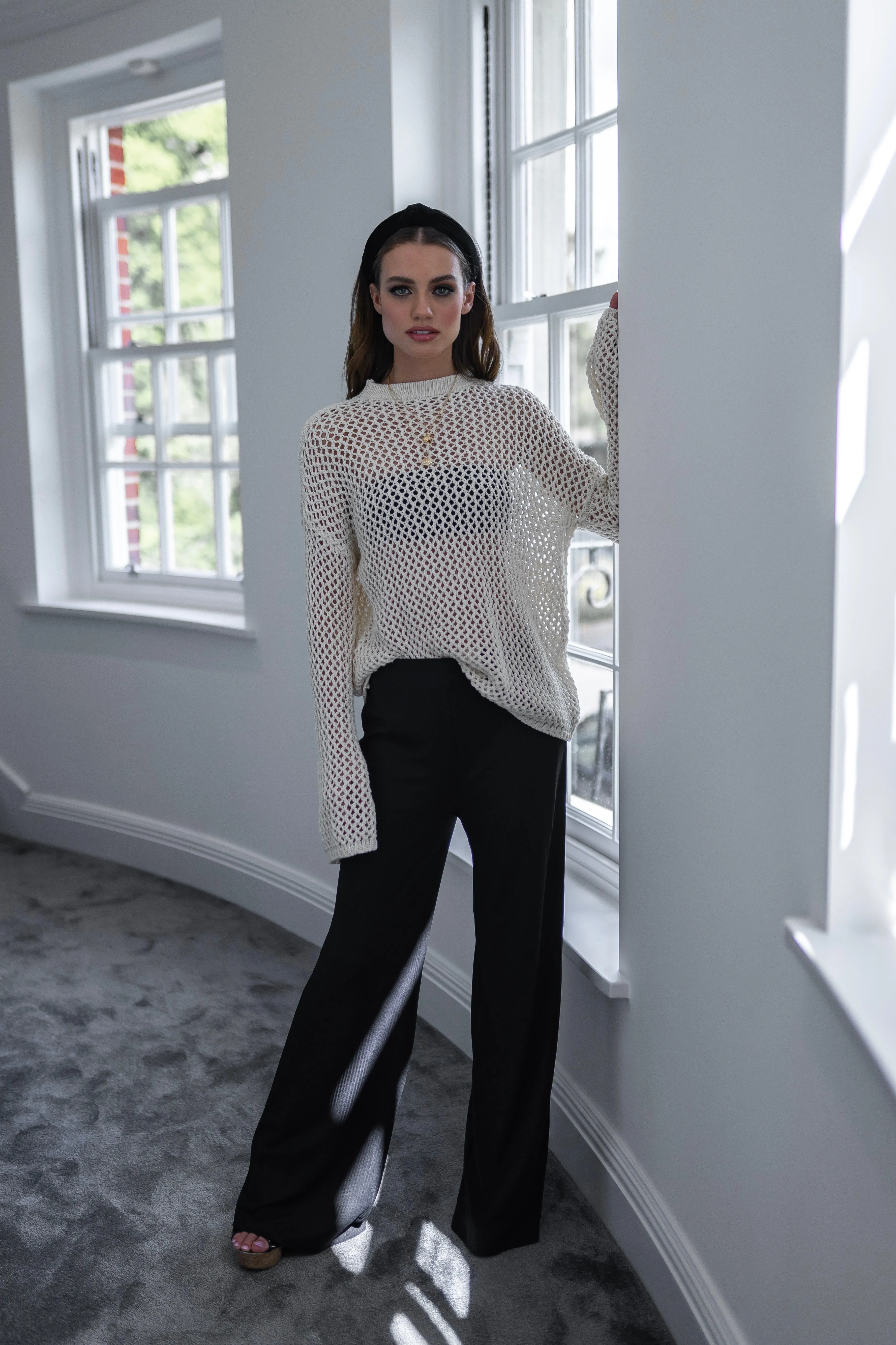 'GRACE' Crochet Style Jumper with Bell Sleeve Cream - CTJ016