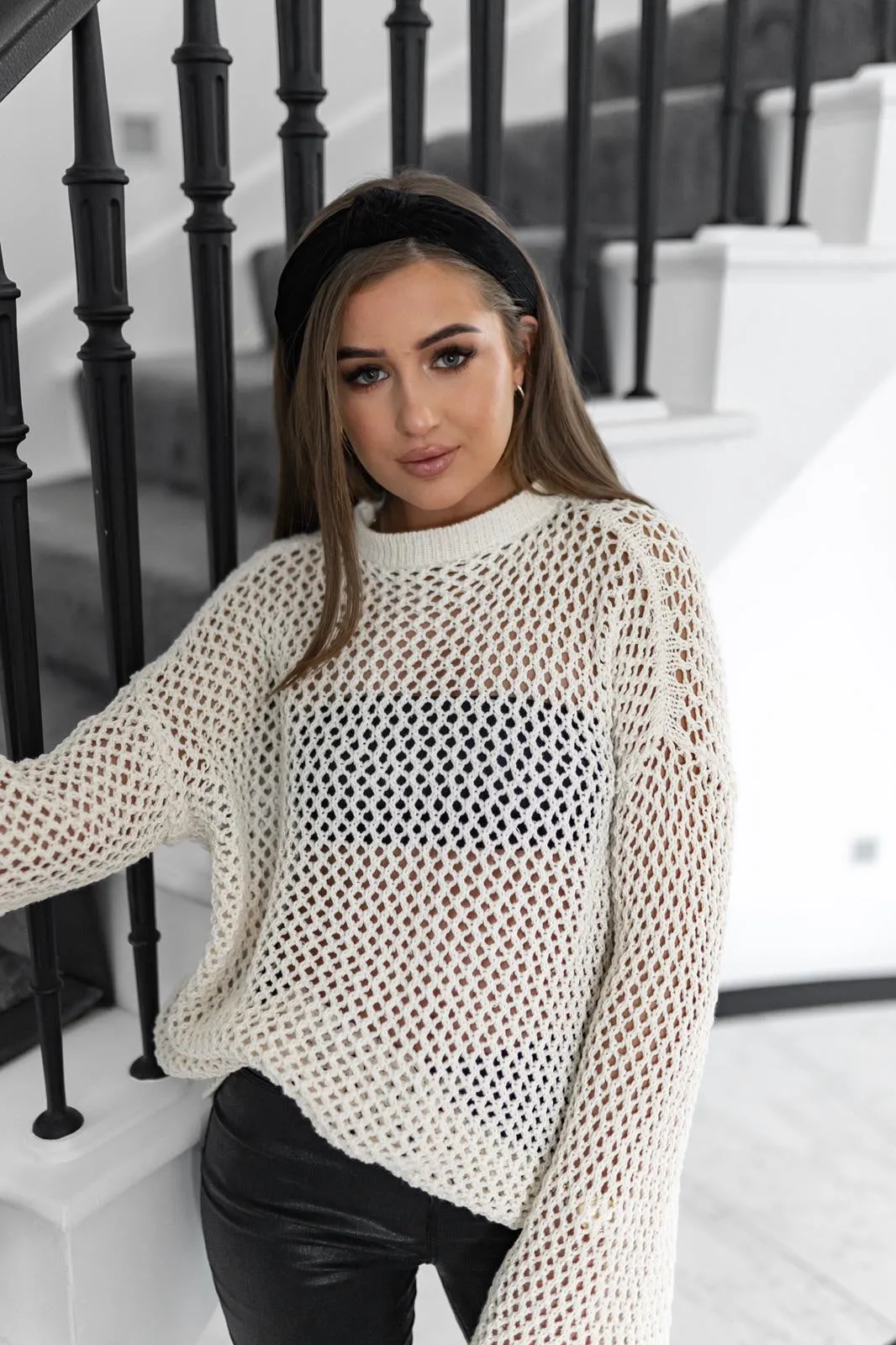 'GRACE' Crochet Style Jumper with Bell Sleeve Cream - CTJ016