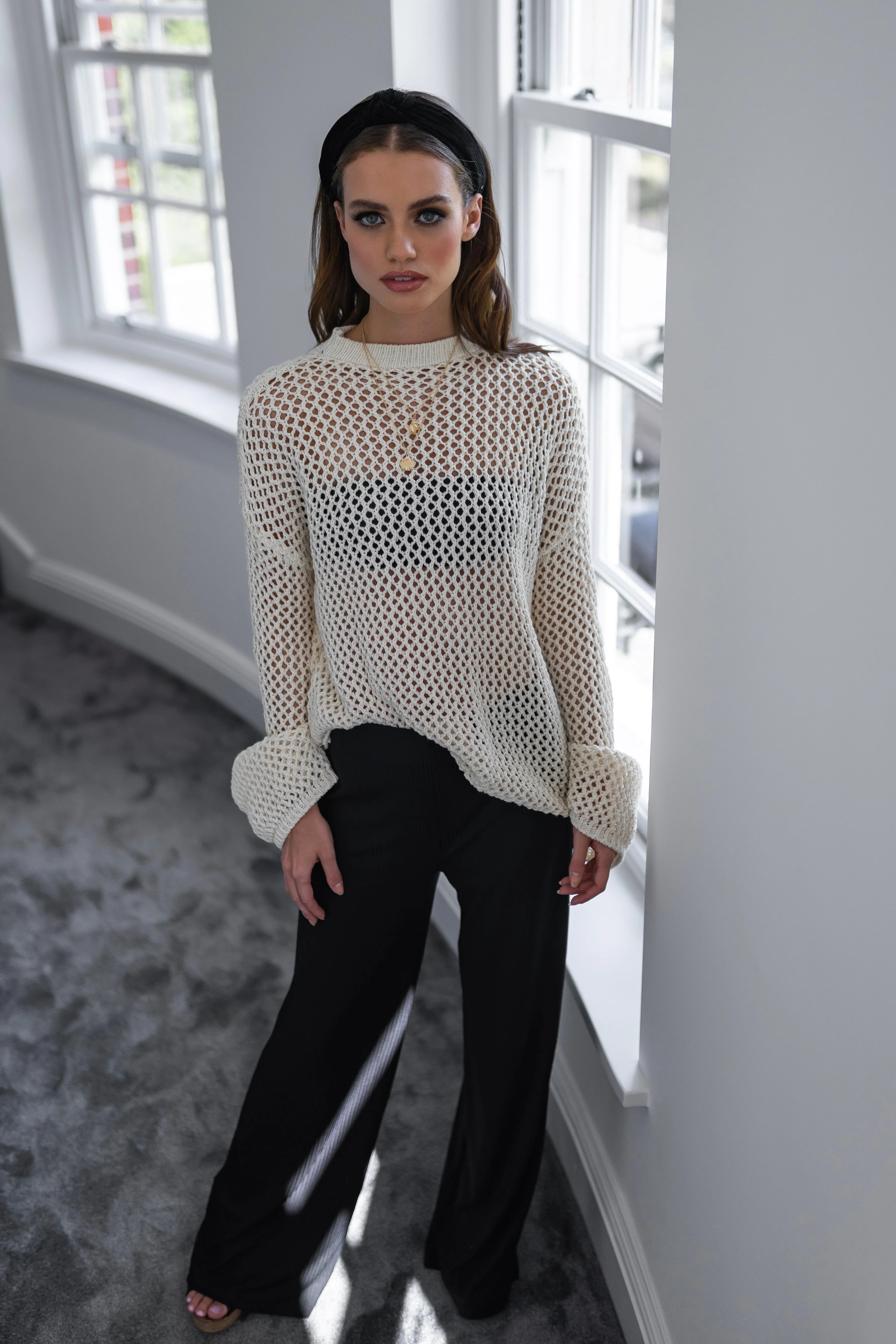 'GRACE' Crochet Style Jumper with Bell Sleeve Cream - CTJ016