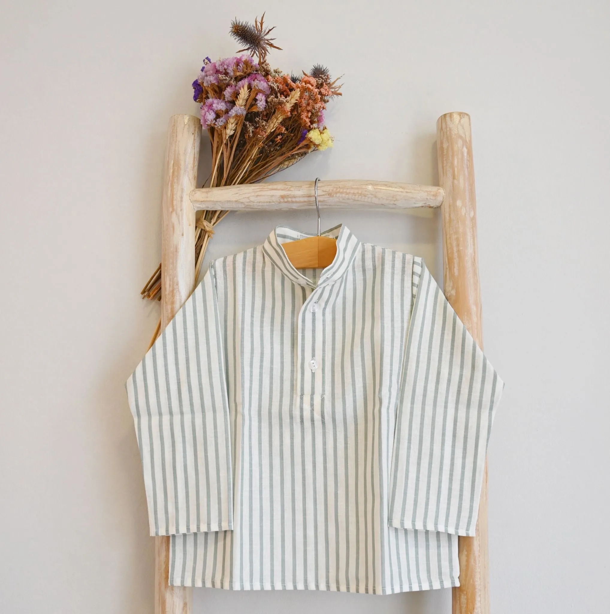 Green & Ivory Striped Linen Mao Shirt