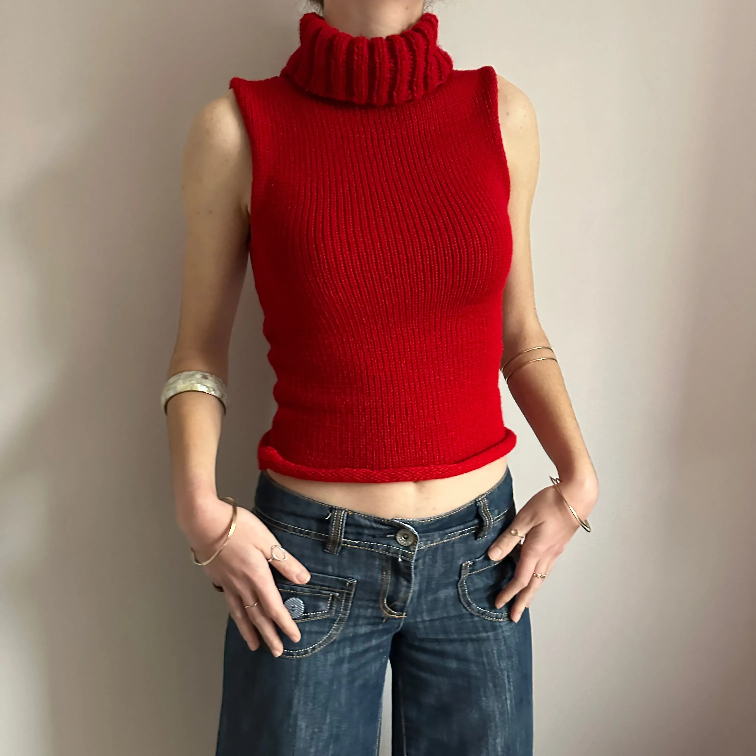 Handmade dark red turtleneck knit vest