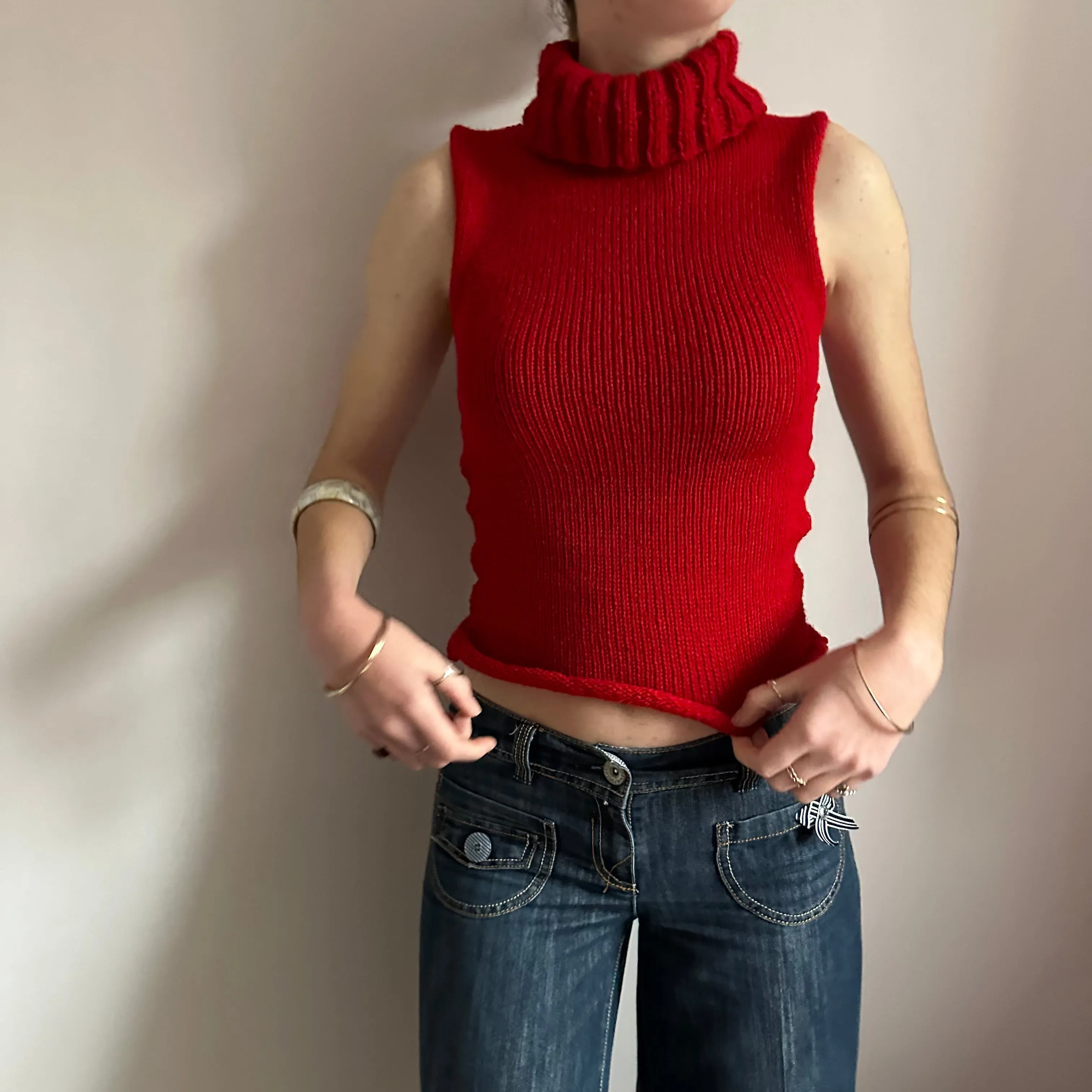 Handmade dark red turtleneck knit vest