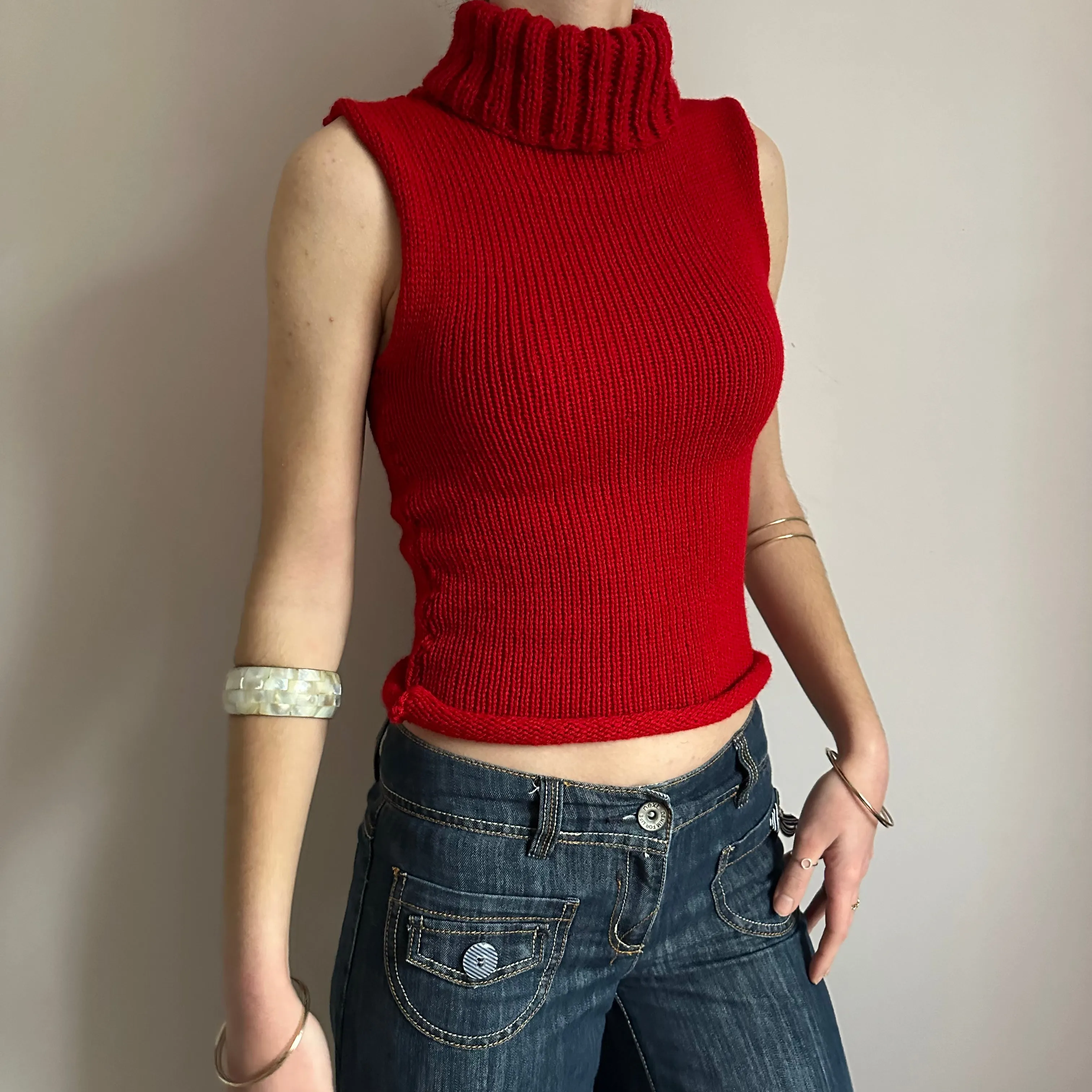 Handmade dark red turtleneck knit vest