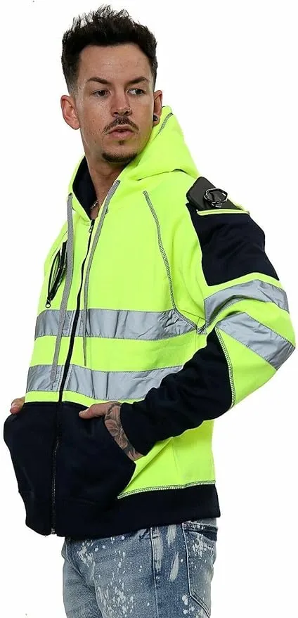 Hi Vis Hoodie - Hi Viz Sweatshirt Safety Work Reflective Jumper Hoodie Tape Band Work Warm Security High Visibility Sweatshirt 3 Zipped Pocket Pullover Hooded Top Plus Size Small - 5XL