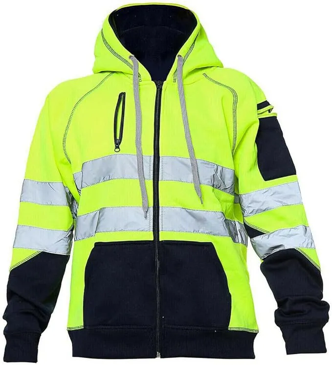 Hi Vis Hoodie - Hi Viz Sweatshirt Safety Work Reflective Jumper Hoodie Tape Band Work Warm Security High Visibility Sweatshirt 3 Zipped Pocket Pullover Hooded Top Plus Size Small - 5XL