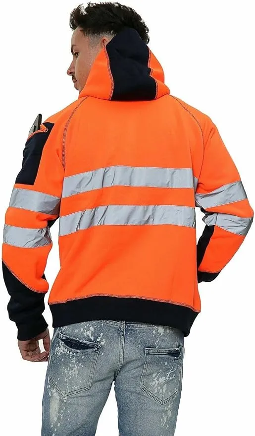 Hi Vis Hoodie - Hi Viz Sweatshirt Safety Work Reflective Jumper Hoodie Tape Band Work Warm Security High Visibility Sweatshirt 3 Zipped Pocket Pullover Hooded Top Plus Size Small - 5XL