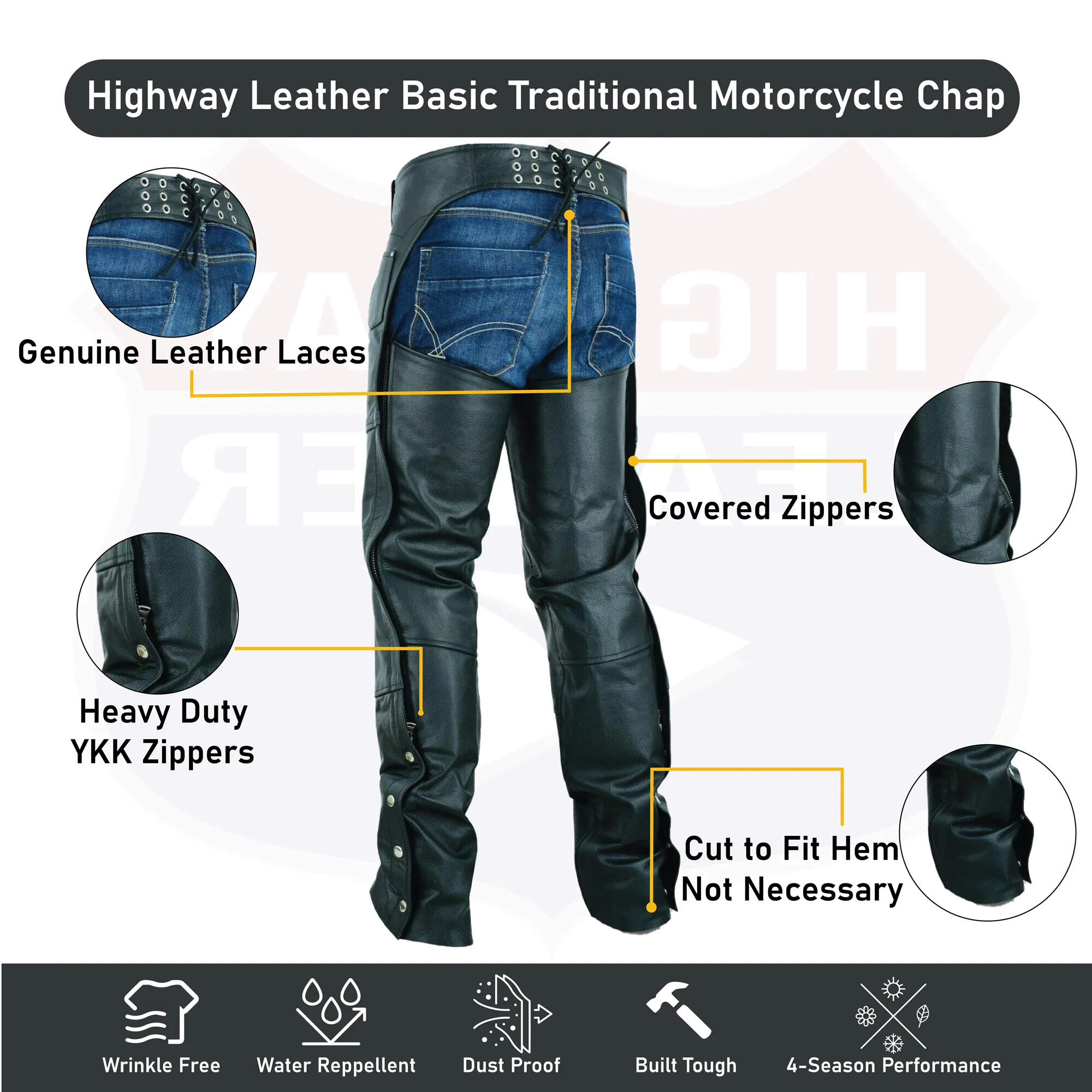 HL12800SPT Basic Classic BLACK Style Leather Motorcycle Chap for Motorcycle Riding Plain Easy Fit