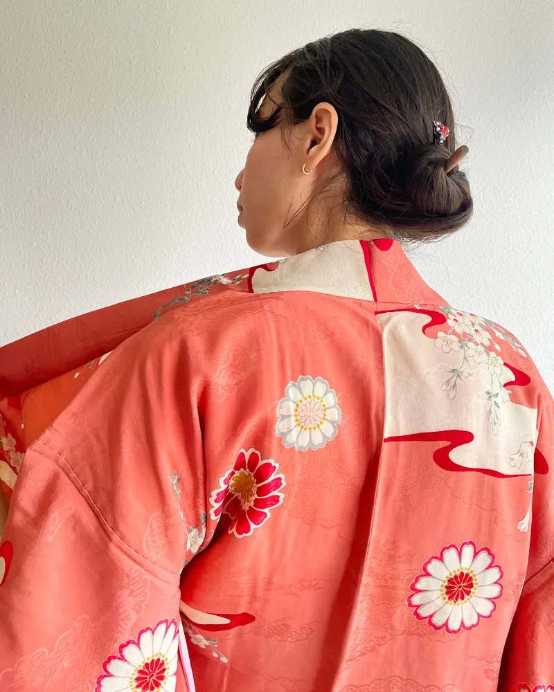 Japanese Traditional Flower Long Haori Kimono Jacket