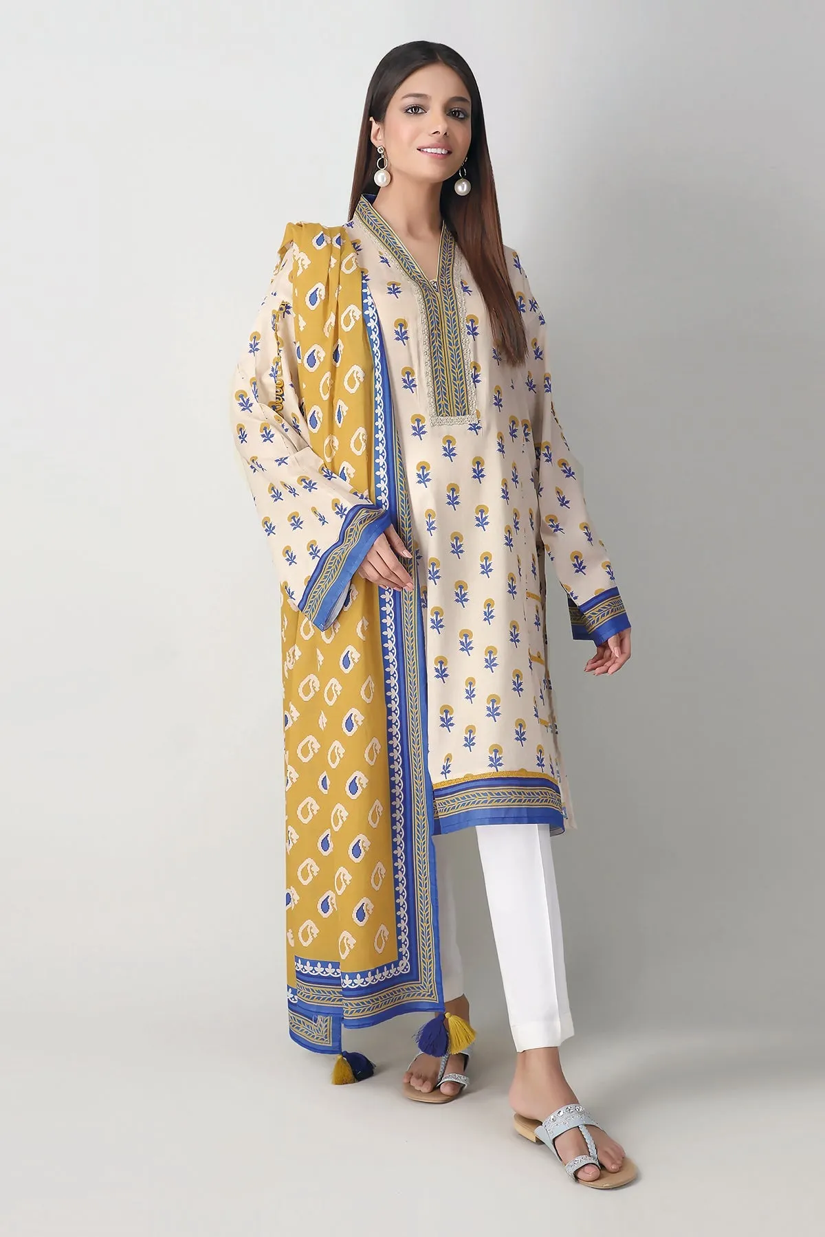 Khaadi Printed 2 Piece Suit · Kameez Dupatta – L21214 Beige