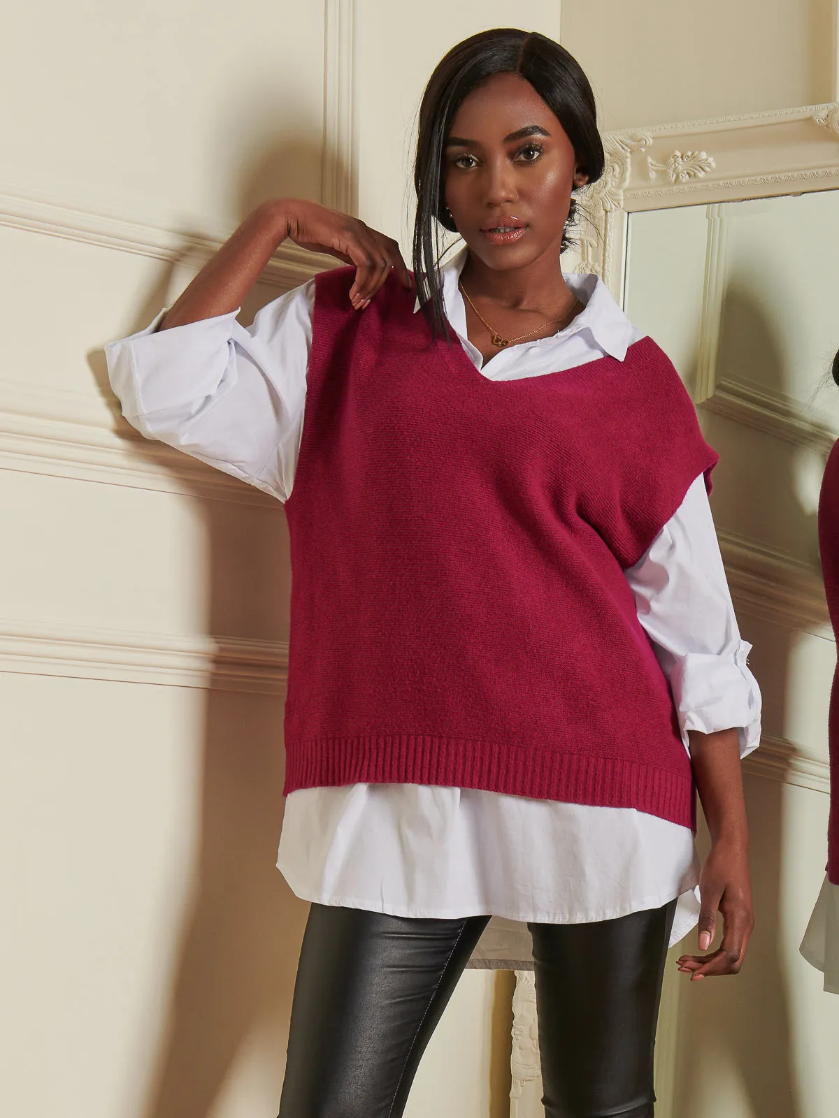 Knitted V-Neck Jumper Vest, Fuschia