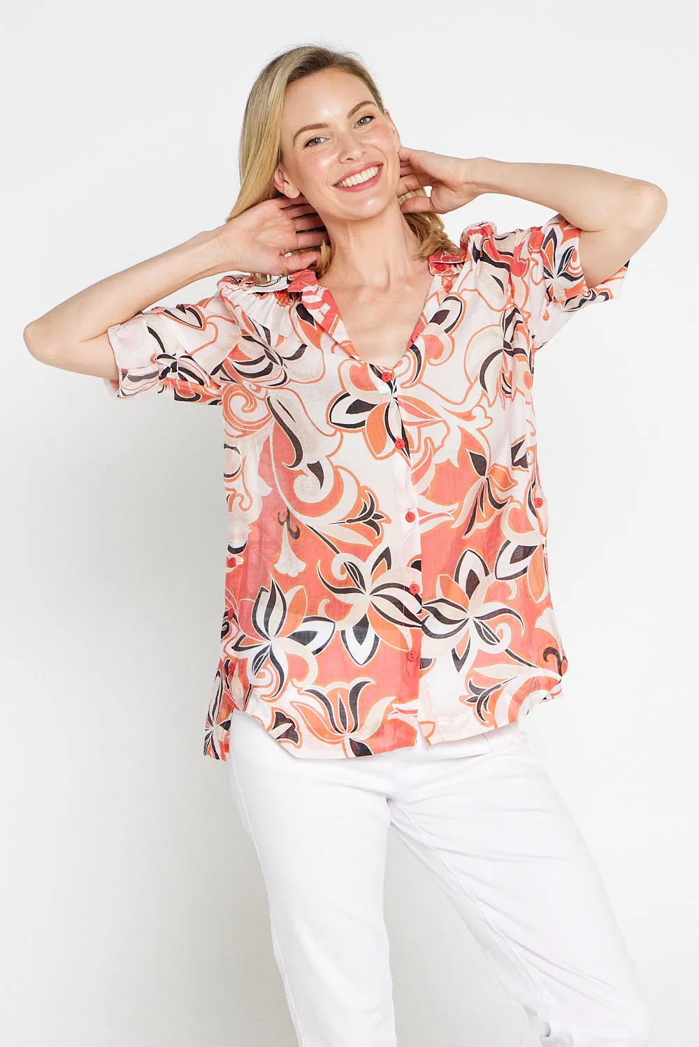 Linderman Cotton Shirt - Orange Jacobean Print