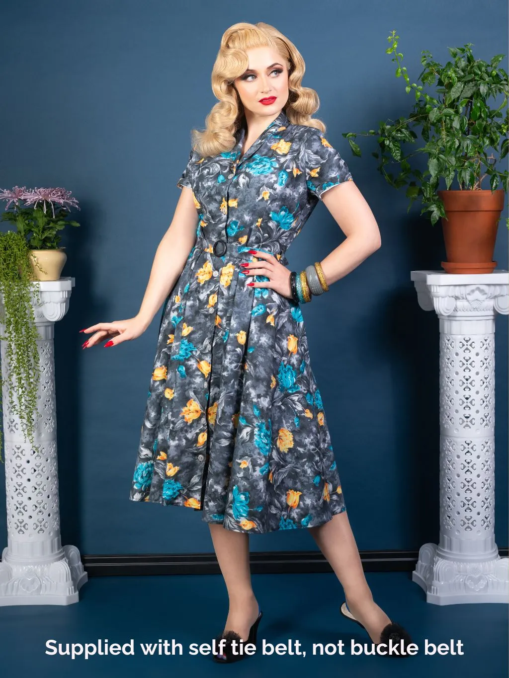 Lucy Retro Grey Dress with Floral Print