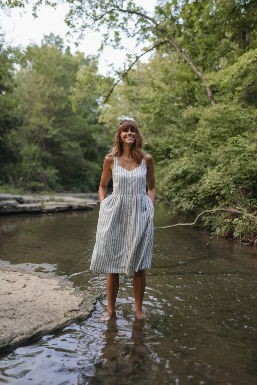 Mia Linen Dress in Green and White Stripe - XS and S