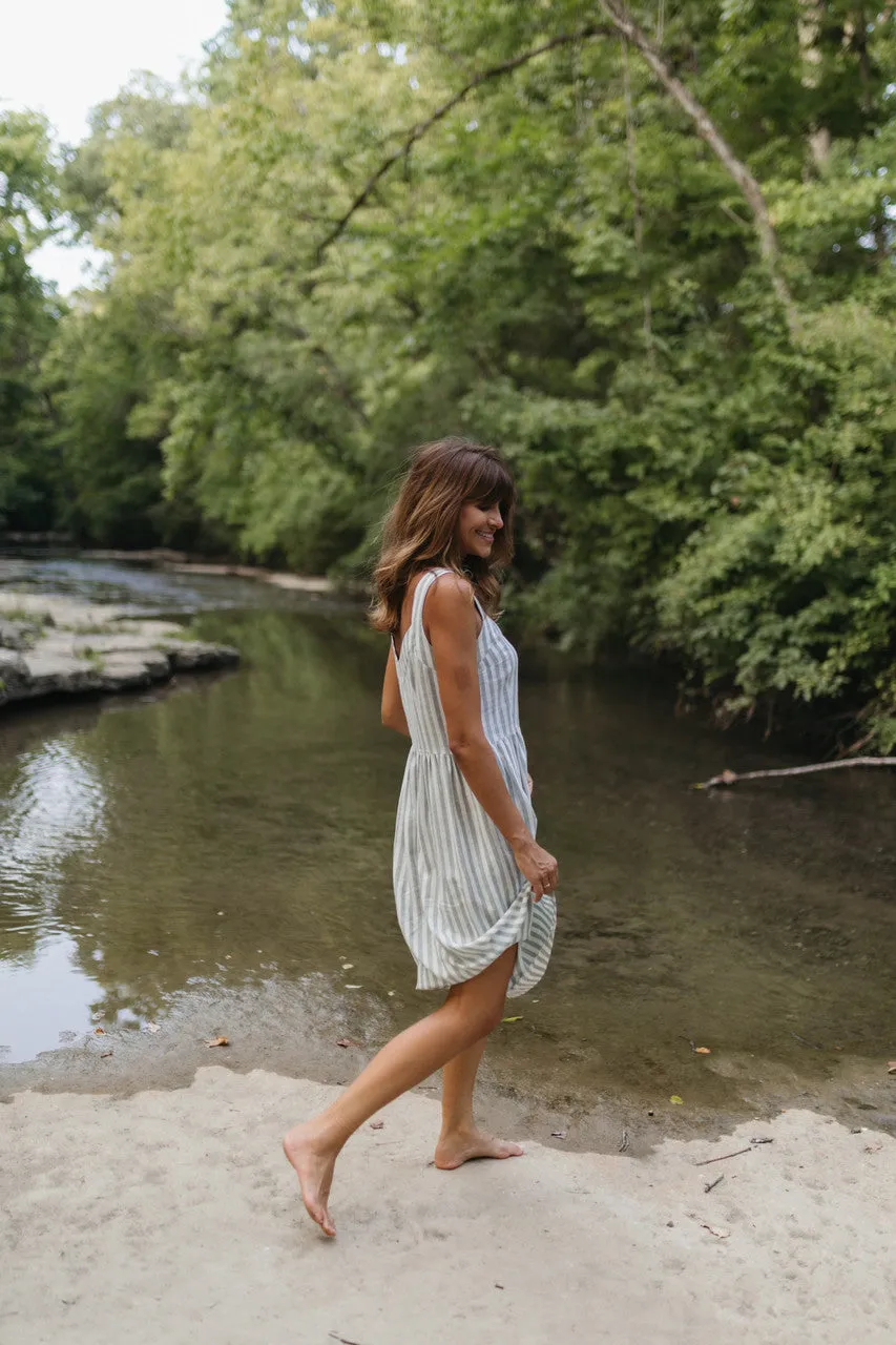 Mia Linen Dress in Green and White Stripe - XS and S