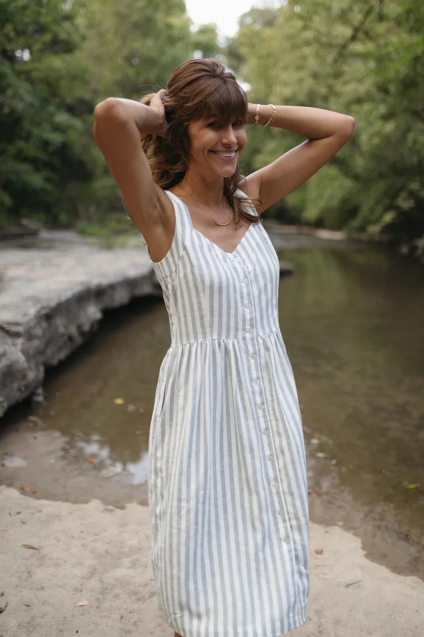 Mia Linen Dress in Green and White Stripe - XS and S