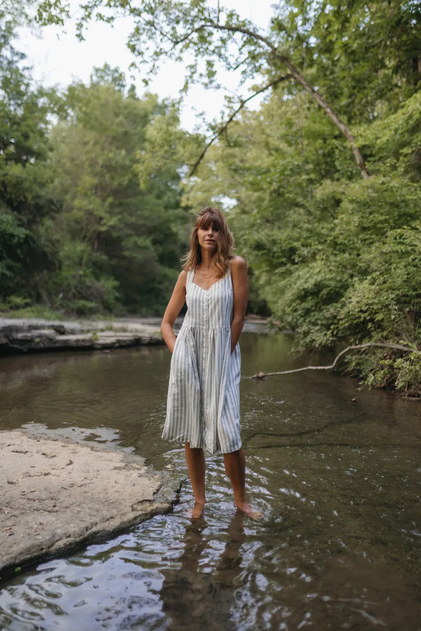 Mia Linen Dress in Green and White Stripe - XS and S