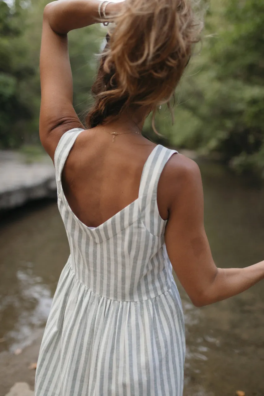 Mia Linen Dress in Green and White Stripe - XS and S