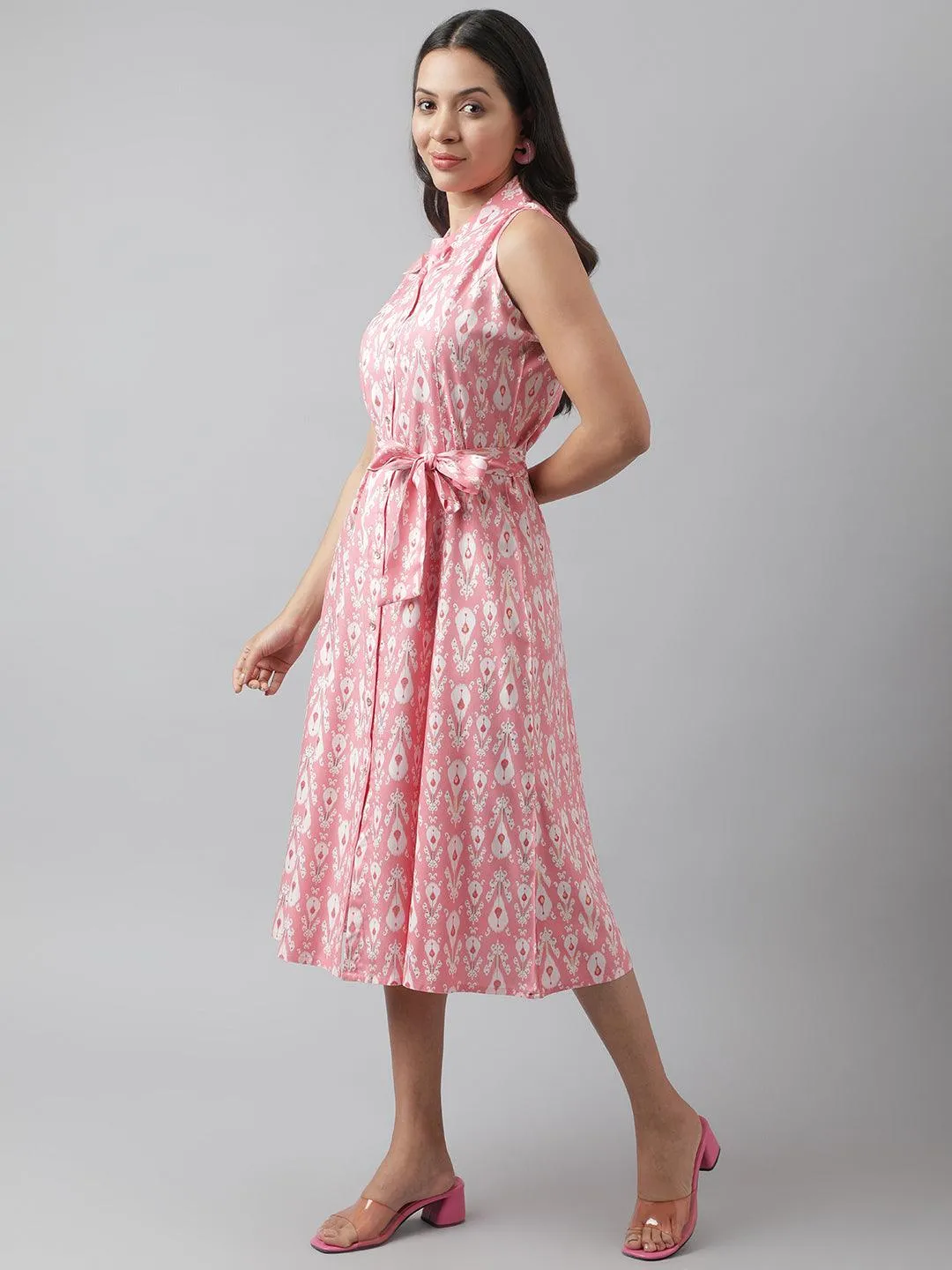 Rayon Light Pink A-Line Floral Printed Midi Dress